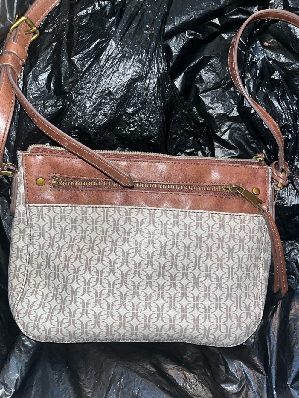 Fossil Tan and Cream Signature Crossbody Bag with Gold Hardware